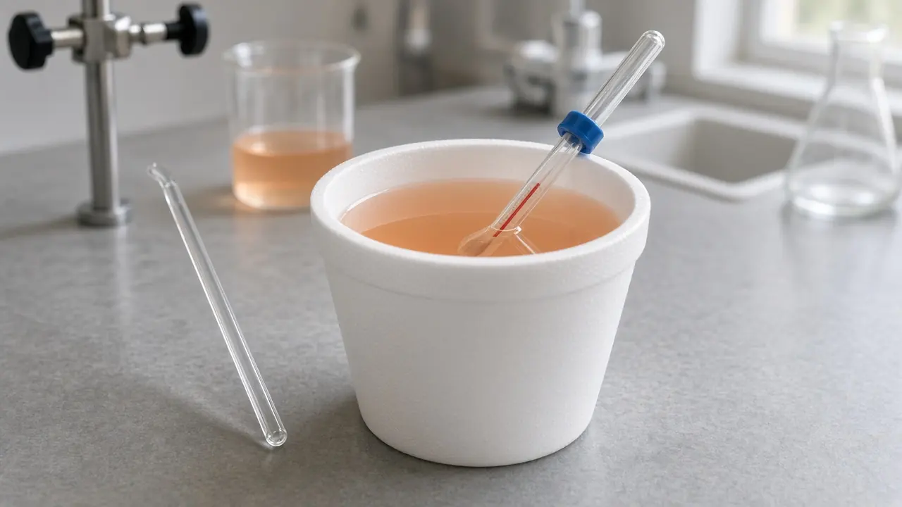 Calorimeter cup with thermometer for acid–base mix