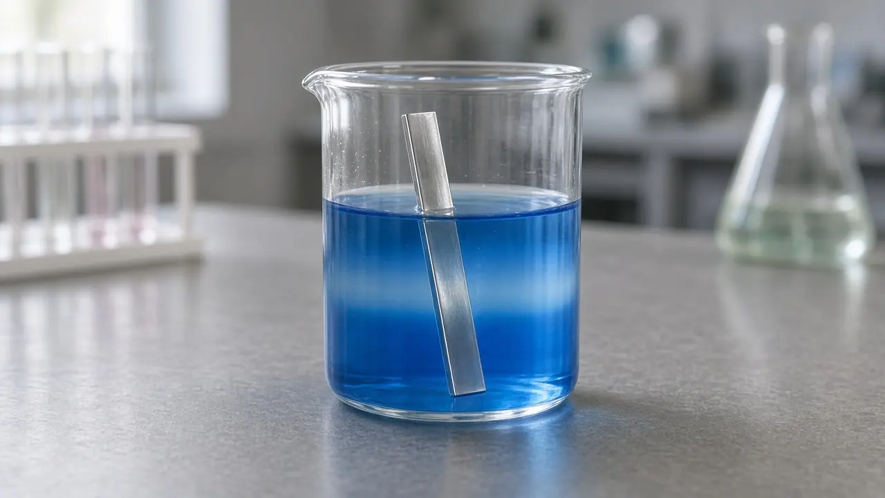 Metal strip in a coloured salt solution in a beaker