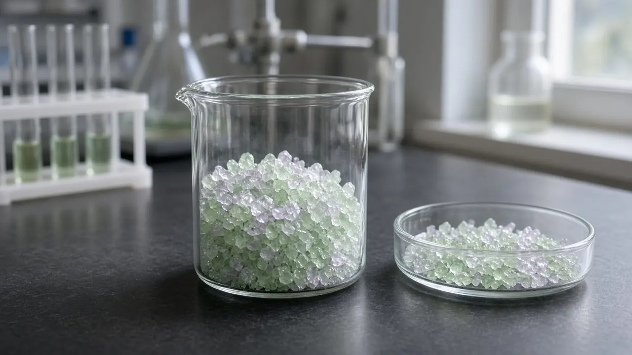 Crystals forming in a beaker during alum preparation