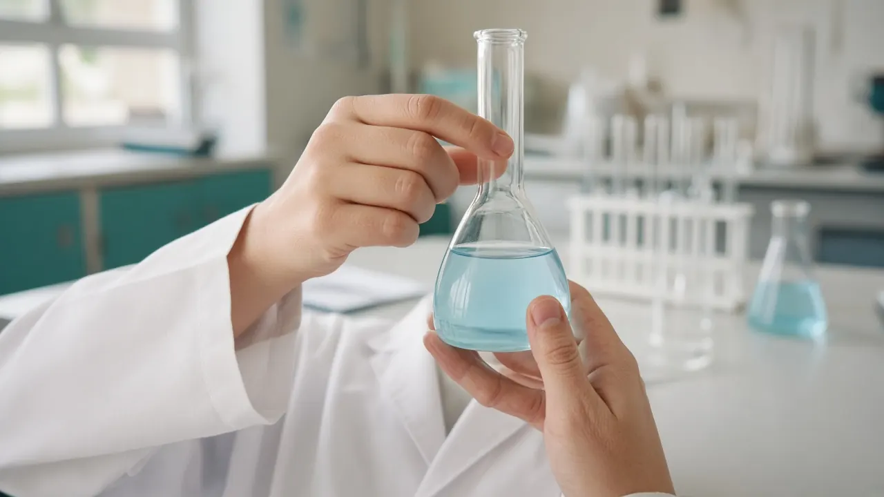 Student holding a volumetric flask during chemistry practical practice